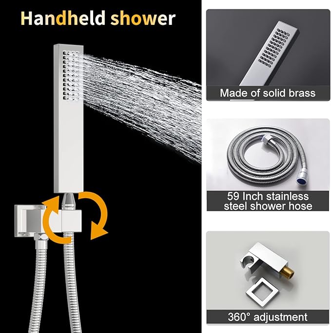 AYIVG Chrome Thermostatic Rainfall Shower System 12 Inch And 8 Inch Dual Square Shower Head System Ceiling Mount Bathroom Temperature Display Shower Faucet Set With Handled Spray