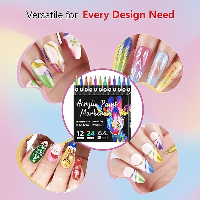 Nail Art Pens 24 Colors Nail Art Pens Set, Nail Art Markers Dual Tip Nail Polish Pens Drawing Painting Pen for Home Salon, Quickly Dry Nail Art Nail Markers DIY Decoration for Women Girls