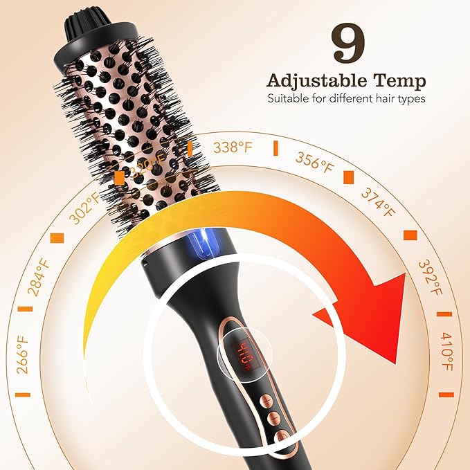 Thermal Brush, 1.5 inch Heated Round Brush Hair Curling Brush for Natural Curl, Straightener and Curler 2 in 1, Negative Ion Technology, 9 Temperature Settings, Dual Voltage for Travel, Black