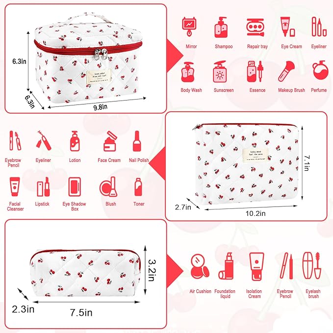 URSKYTOUS 3Pc Cotton Quilted Makeup Bag for Women Extra Large Coquette Small Floral Travel Cosmetic Bag Set Cute Cherry Makeup Pouch Portable Toiletry Bag Organizer Vintage Puffy Essential Storage Bag
