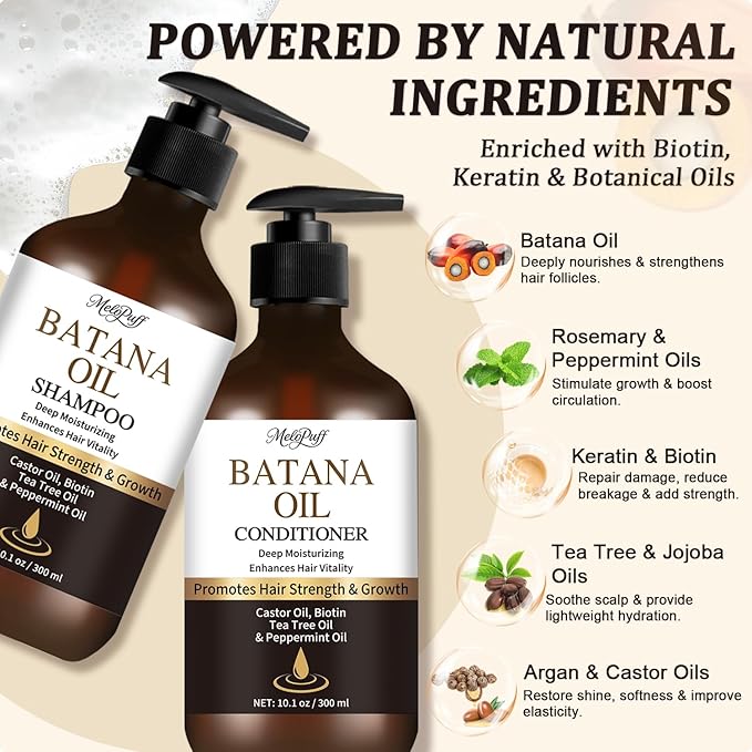 Batana Oil Shampoo & Conditioner Set for Hair Growth & Thickening - With Biotin, Keratin, Tea Tree & Rosemary - Strengthens & Volumizes Thin Hair - Daily Hair Care for Men & Women