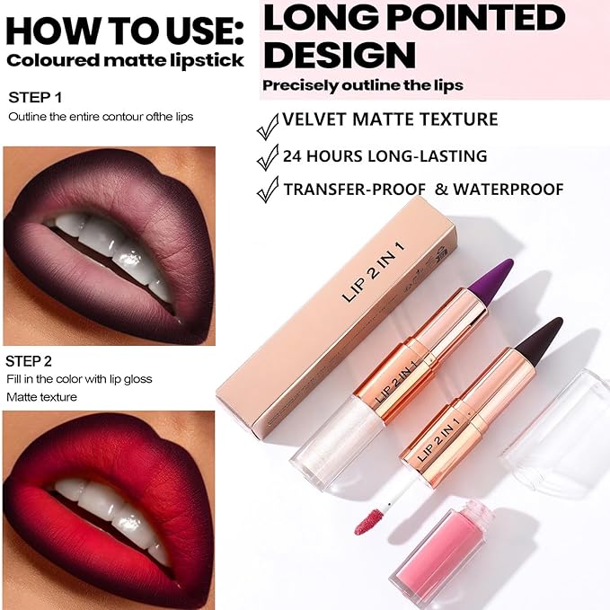 Red Lip Liner and Liquid Lipstick Set,Lip Combo Sets for Black Women,Lip Kit with Lip Liner and Gloss, Dual-Ended High Pigmented Matte Lip Kit, Long Lasting Lipstick Waterproof Lip Combo Makeup #6 | Matte Frosted