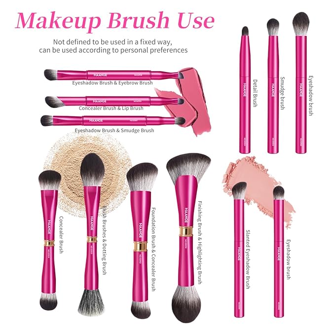 MAANGE Makeup Brushes 12 Pcs Double-ended Kabuki Brush Travel Makeup Brushes for Foundation Powder Concealers Eye Shadows Makeup Tools Set with LED light Mirror (Pink)