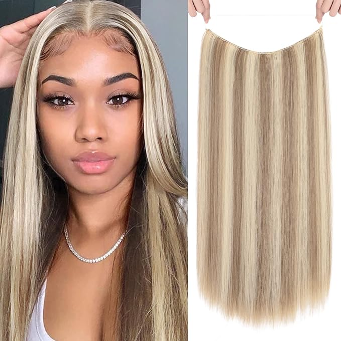 REECHO Invisible Wire Hair Extensions with Transparent Headband Adjustable Size Removable Secure Clips in Straight Secret Hairpiece for Women (Pack of 1), Ash Brown with Light Blonde Highlights)