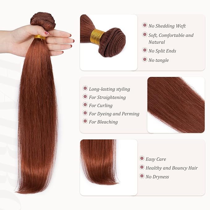Hairro Sew in Hair Extensions Real Human Hair, 100g/bundle Weave Weft for Women Adding Volume and Length, for DIY Beauty Dating Party, 18 Inch One Bundle Straight Dark Auburn