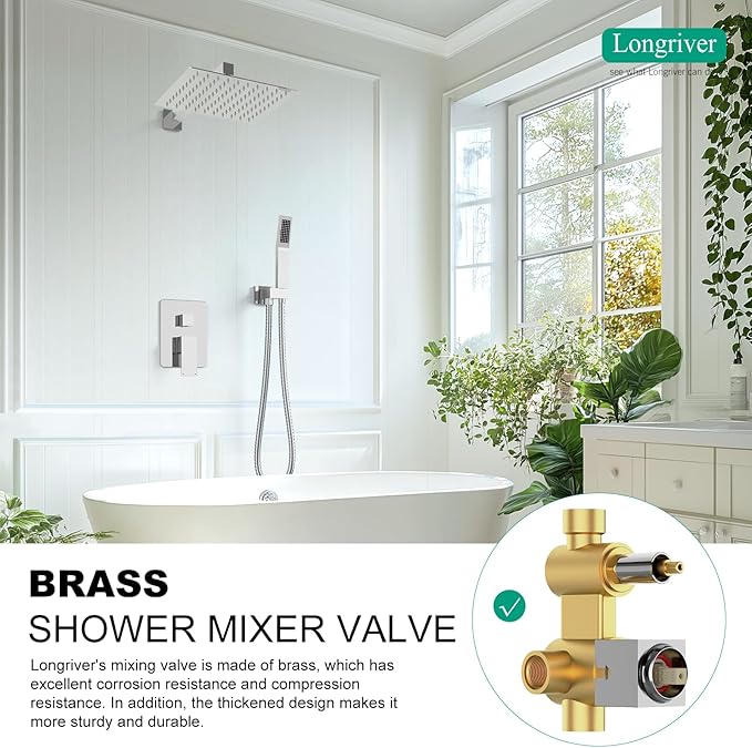 Longriver Shower Faucet Set, Shower System Bathroom High Pressure 10 Inches Rainfall Shower Head with Handheld Spray, Wall Mounted Shower Fixtures with Shower Valve and Trim Kit, Polished Chrome