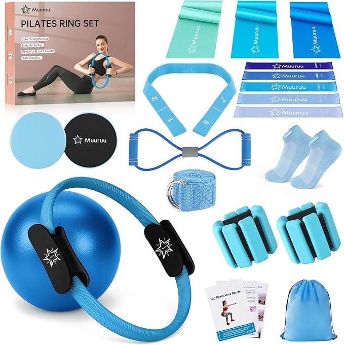 Pilates Ring Set, Pilates Essentials Kit for Home Workouts Women, Yoga Equipment Set with 14 Inch Magic Circle, 9.8” Ball, 5 Resistance Bands, 3 Long Stretch Bands, Core Sliders, Non-slip Socks