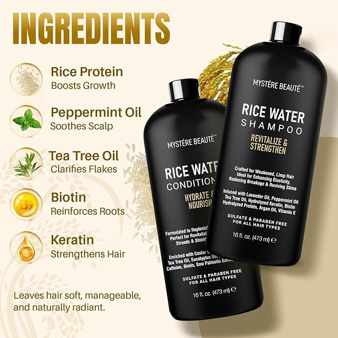 MYSTÉRE BEAUTÉ Rice Water Shampoo and Conditioner Set - Ultra-Nourishing Hair Care Set, Promotes Growth, Revitalizes Shine, and Shields from Damage - Infused with Essential Oils - 16 fl oz Each