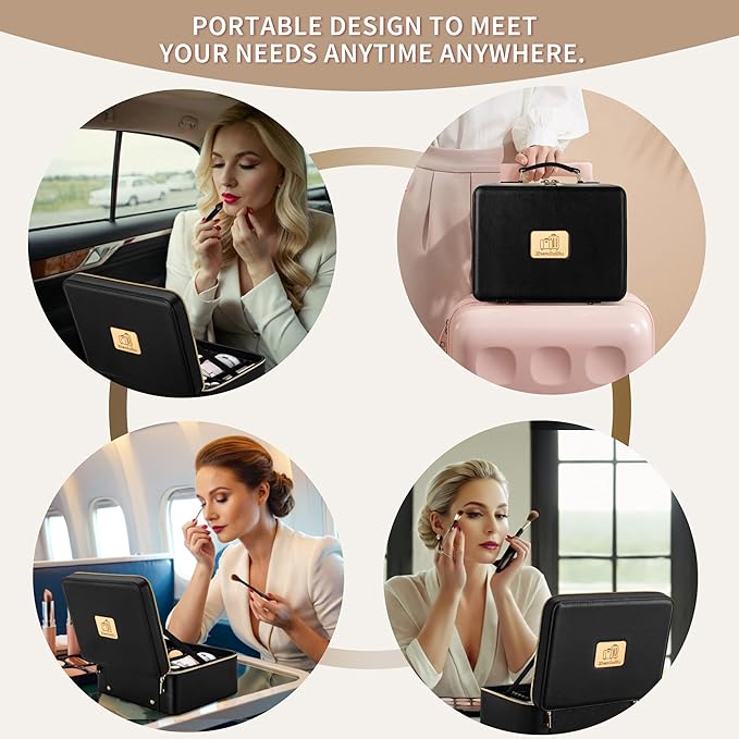 Gdsshuhung Makeup Bag with LED Mirror & Magnifier, Large Cosmetic Organizer Travel Makeup Case with Adjustable Brightness & 6 Detachable Dividers, Portable Makeup Storage for Women Girls (Black)