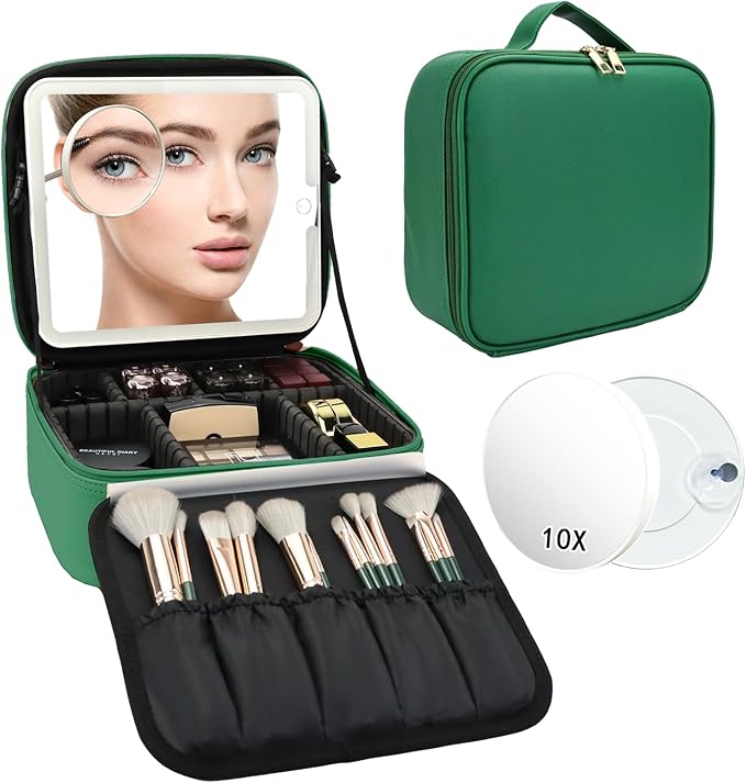 SLUMAZI Travel Makeup Bag with LED Mirror and 10x magnifying glass with 3 Lighted Settings, Adjustable Dividers and Makeup Brush Storage Bag Dark Green