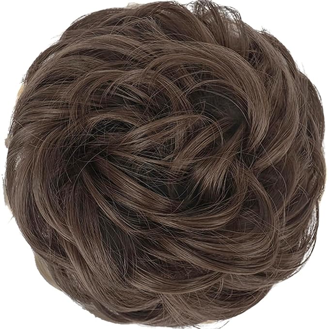 FESHFEN Messy Bun Hair Piece - Wavy Synthetic Chignon Scrunchies for Instant Volume, Elastic Bun Ponytail Hair Extensions Thick Hairpieces for Women, Medium Chestnut Brown 1.50 oz