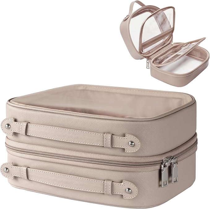 Oaque Clear Cosmetic Bag Double Layer Travel Toiletry Bag Clear Makeup Bag Case with 4 Compartments, Transparent Travel Bag for Toiletries, Large Toiletry Bag for Women Cosmetic Case (Taupe, Large)