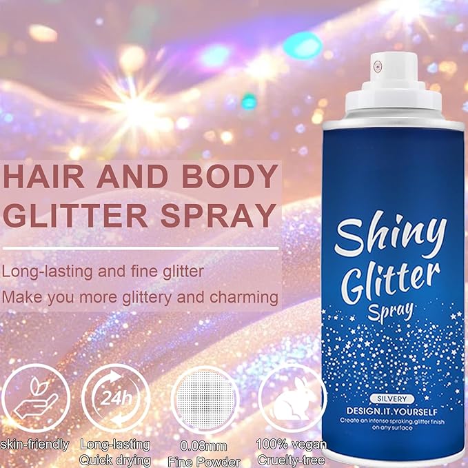 Holographic Body Glitter Spray - Silvery Shiny Shimmer for Hair, Face & Clothes | Quick-Drying, Long-Lasting Glitter Hairspray Temporary Shiny Mist for Festival, Rave, Music Concert, Prom Accessories