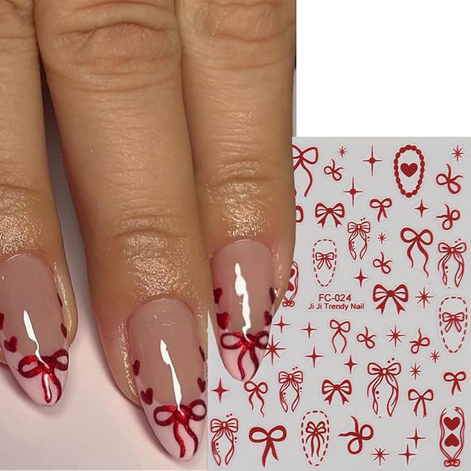 Bow Nail Art Stickers Red White Laser Bow Stars Hearts Nail Design Stickers for Nails Art Valentines Bows Nail Decals Supplies DIY Acrylic Manicure Decoration Accessories for Women 6 Sheets