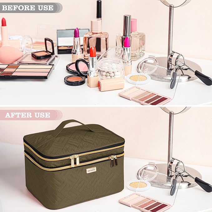 BAFAMYE 8.8L Double Layer Travel Makeup Bag With Mirror For Women, Large Cosmetic Case, Organizer for Travel-Size Accessories Bottles, Brushes,and Skin Care Products, 2.33 GAL, Brown…