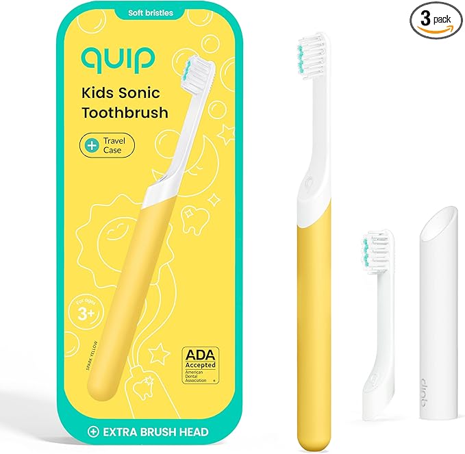 Quip Sonic Toothbrush for Kids with Timer - Includes Extra Brush Head and Travel Cover Mount - Electric, Soft Bristle Refill Head, Plastic Handle, 3 Month Battery Life - Spark Yellow