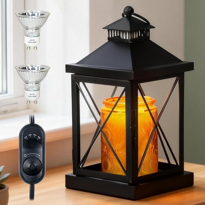 Candle Warmer Lamp with Timer, Dimmable Candle Lamp, Compatible with 3 Wick Candles, Vintage Lamp Candle Warmer for Bedroom Home Living Room Decor, Wax Melt Warmer with 2 Bulbs (Black)