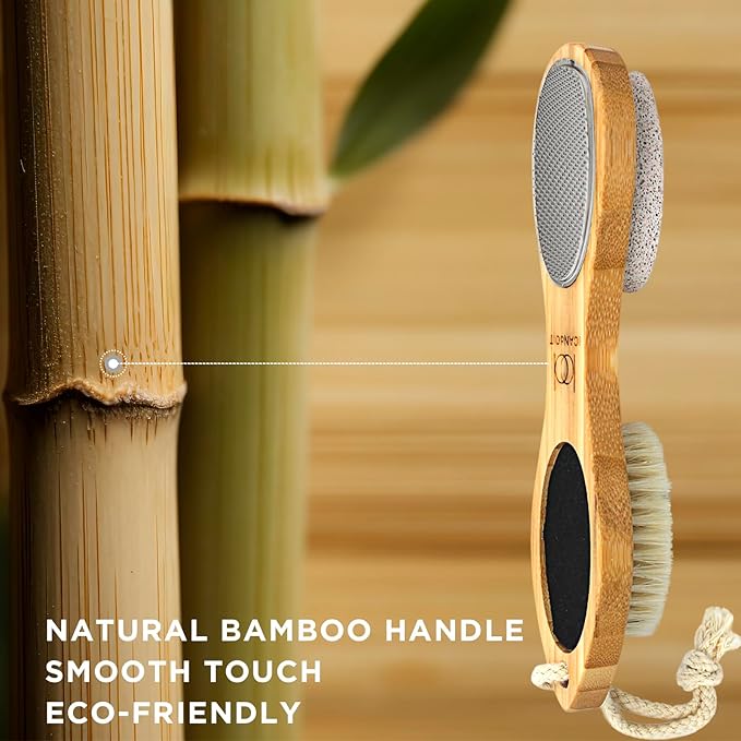 ICDI ICANdOIT Natural Bamboo Foot File Callus Remover-Multi Purpose 4 in 1 Feet Pedicure Kit with Foot Care Boar Bristle Brush,Pumice Stone,Foot Rasp,Sand Paper