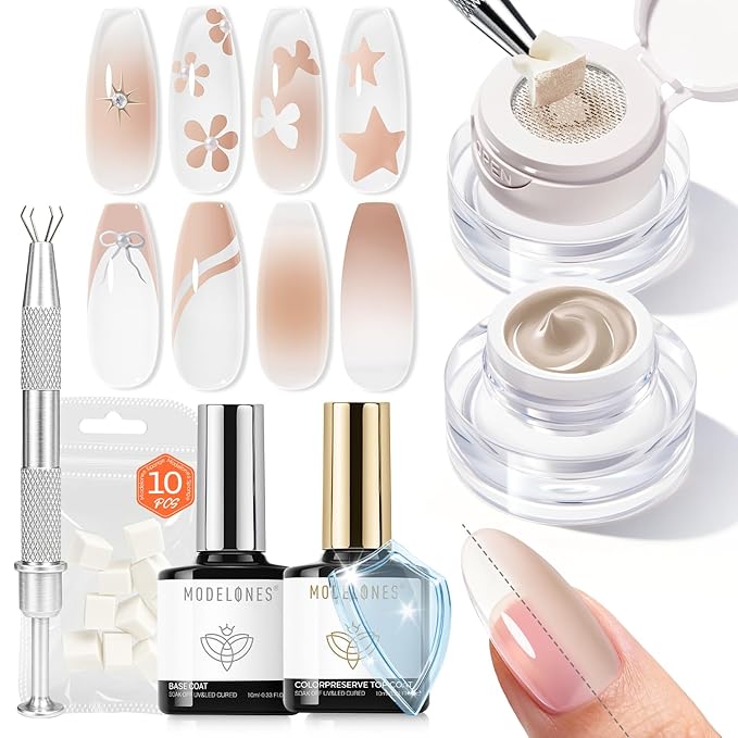 modelones Patting Gel Nail Polish Kit with Preserve Color Top Base Coat, Nude Color Pat Paint Gel Pigmented for Ombre & Gradient & Blush Blooming & French Tip Aura Nail Art Set for Women
