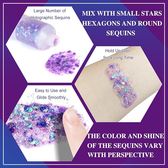 MEICOLY Light Purple Hair Glitter,Holographic Chameleon Purple Mermaid Face Glitter,Self-Adhesive Glitter Face Paint,Mardi Gras Outfit for Women,Rave Glitter Makeup Sparkle Chunky for Festival