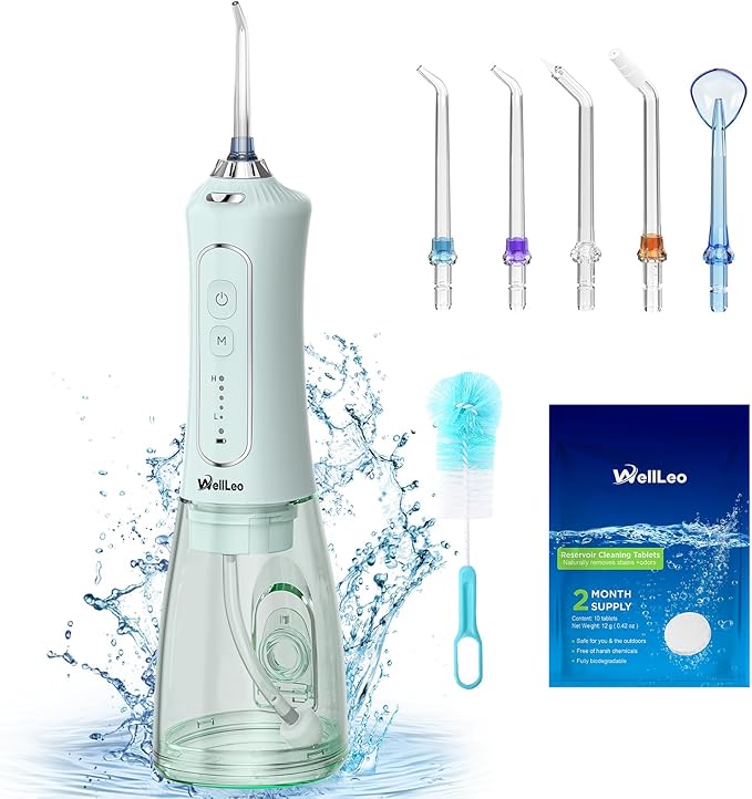 WellLeo Water Flosser for Teeth, 300ML Cordless Oral Irrigator Rechargeable Dental Flosser Picks with 5 Modes 5 Jet Tips,IPX7 Waterproof Teeth Cleaner for Braces Gum Care, Home Travel Use