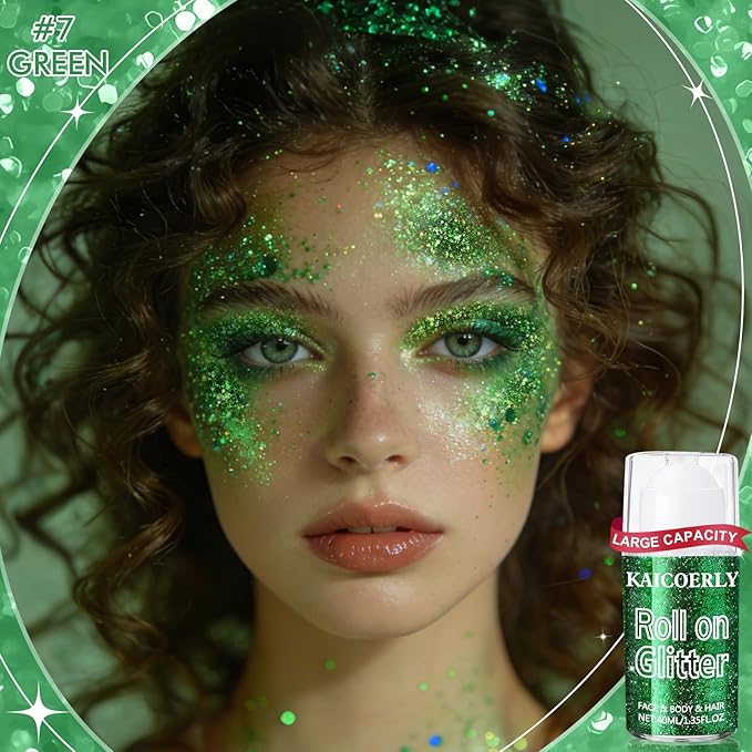 Roll-on Holographic Body Glitter Gel for Women Girls, Sparkle Chunky Glitter Makeup for Christmas New Year Festival Halloween Party Rave, Face Glitter Makeup for Face Body Hair Lips (Green