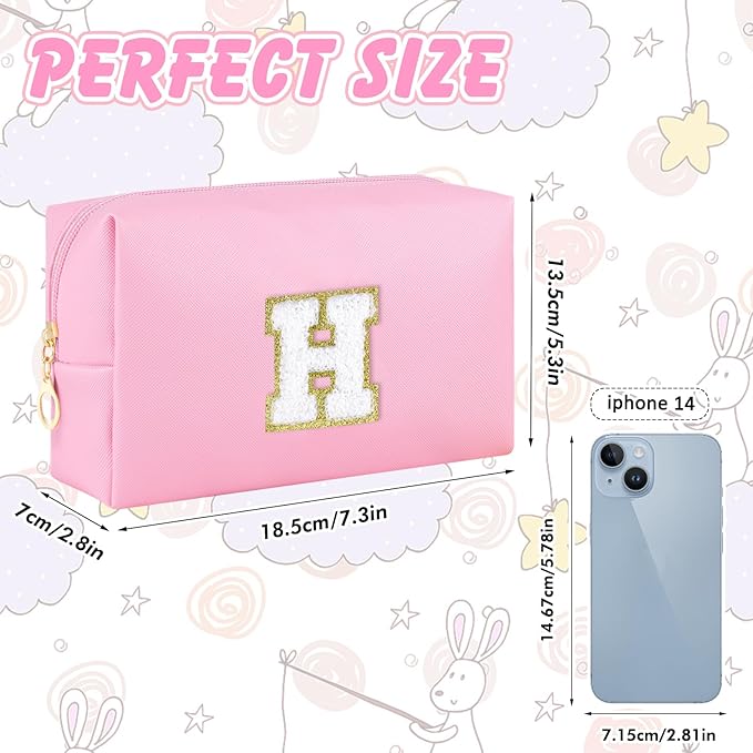 URSKYTOUS Initial Makeup Bag Personalized Preppy Travel Small Cosmetic Bag Cute PU Pink Chenille Letter Makeup Pouch for Purse Waterproof Zippered Toiletry Organizer for Women Girls Kids Friends (H)