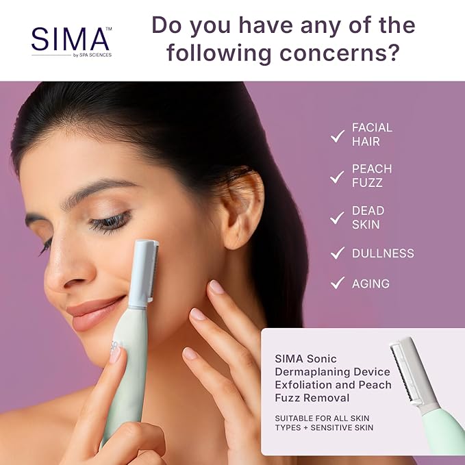 SPA SCIENCES - SIMA Patented Dermaplane Razor for Women Face – Painless 2-in-1 Facial Exfoliation & Peach Fuzz Hair Removal – Anti-Aging – 3 Speeds – Rechargeable – 7 Weeks Treatment