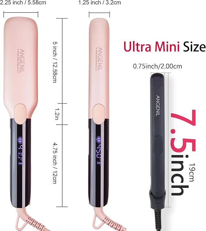 ANGENIL Ultra Mini Hair Straightener Flat Iron for Short Hair, Dual Voltage Small Hair Straightener and Curler 2 in 1, Portable Mini Flat Iron for Short Edges, Front Bangs, 3 Temp (280℉-320℉-380℉)