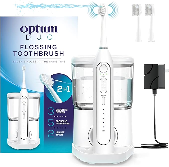 Optum Duo Flossing Toothbrush Rechargeable Electric Toothbrush with Water Flosser - Portable Water Pick Toothbrush Combo Cordless Sonic Electric Toothbrush and Water Flosser - White