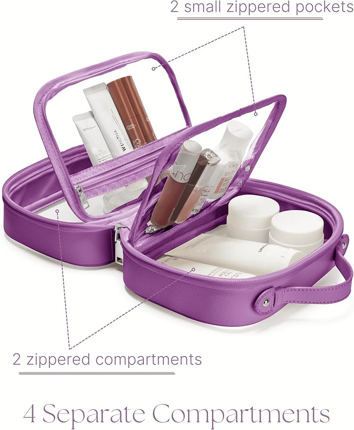 Oaque Clear Cosmetic Bag Double Layer Travel Toiletry Bag Clear Makeup Bag Case with 4 Compartments, Transparent Travel Bag for Toiletries, Large Toiletry Bag for Women Cosmetic Case (Purple, Small)