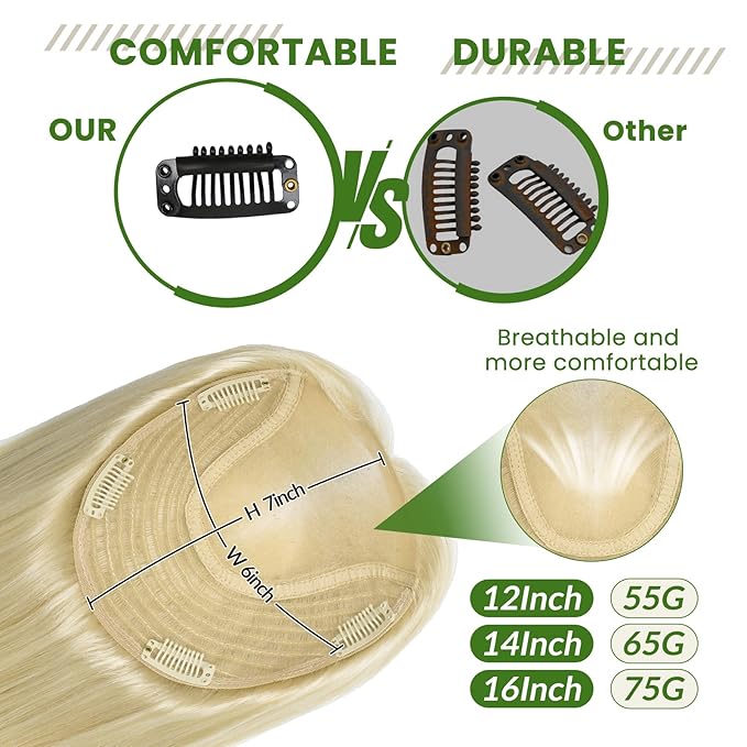 HAIR Toppers for Women Real Human Hair, Toppers Pieces for Women with Thinning Crown 6x7 inch 150 Density 65 grams 14 inch blonde Color All Real Human Hair(#60 14inch)
