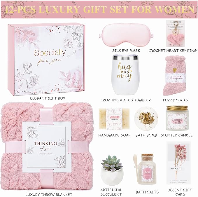 CuriBox Get Well Gifts for Women Self Care Gifts Basket - Relaxing Spa Care Package After Surgery Thinking of You Birthday Gift - Feel Better Sympathy Gift Set for Her Mom Sister Friend Wife (Pink)