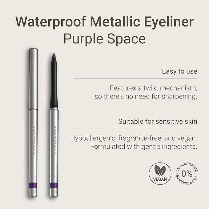 Sandstone Scandinavia Hypoallergenic Waterproof Eyeliner - Fragrance Free Metallic Purple Eye liner - Vegan and Cruelty Free Eye Pencil - Eyeliner Pencil for Sensitive Eyes (Purple Space)