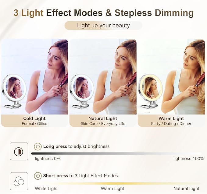Travel Makeup Mirror with Lights,3000mAh Rechargeable 1X/20X Magnifying Mirror with Light, 7" Portable Lighted Beauty Mirror, Make Up Mirrors with 3 Light Colors, Dimmable Tabletop Handhold Hanging