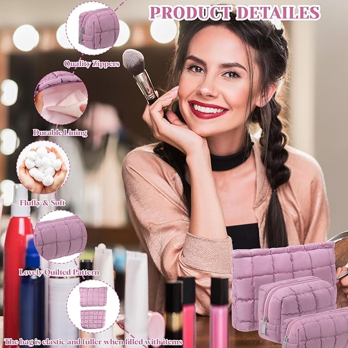 Huhumy 3 Pcs Puffy Makeup Bag Quilted Cosmetic Pouch for Women Cute Checkered Travel Toiletry Bag Puffer Makeup Organizer Purse Pouch Preppy Pencil Case with Zipper(Nude Pink)