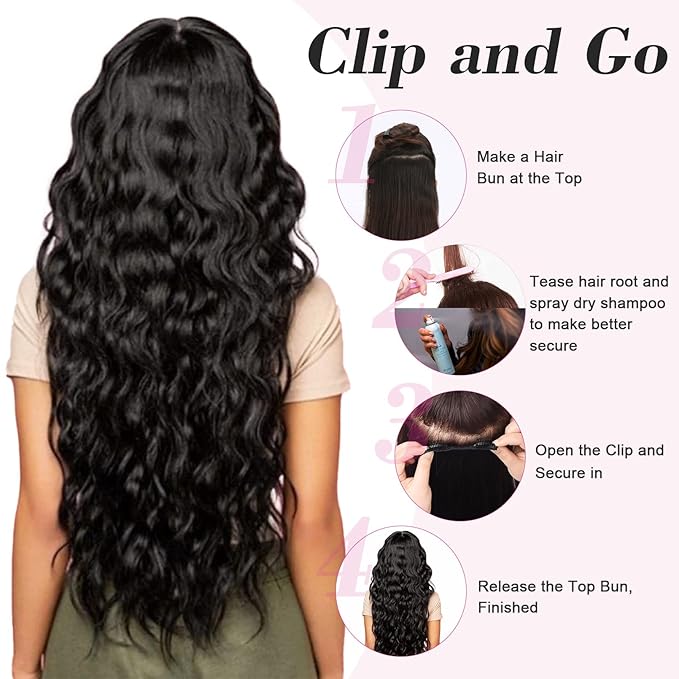 REECHO 14" 1-Pack 3/4 Full Head Curly Wavy Clips in on Synthetic Hair Extensions HE008 Hairpieces for Women 5 Clips 3.6 Oz per Piece - Natural Black