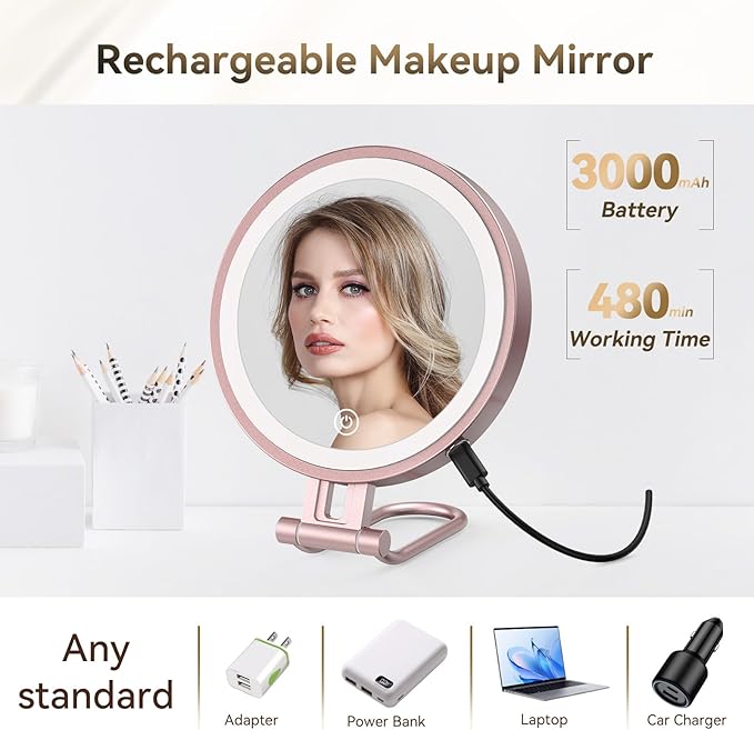 Travel Makeup Mirror with Lights,3000mAh Rechargeable 1X/20X Magnifying Mirror with Light, 7" Portable Lighted Beauty Mirror, Make Up Mirrors with 3 Light Colors, Dimmable Tabletop Handhold Hanging-G