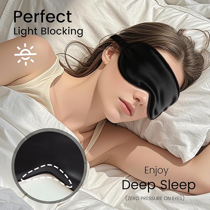 CroYumert 100% Pure Mulberry Silk Eye Mask - 22 Momme Adjustable Strap, Light Blocking, Silk Storage Bag & Gift Box - for Sleep/Travel/Gift, Sensitive Skin Friendly (Black)