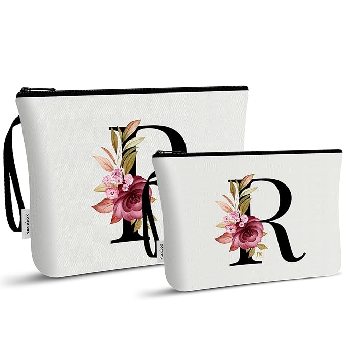 Vavabox A-Z Personalized Makeup Bag, Birthday Gifts for Women Mom, Gifts for Best Friend, Bride Bridesmaid Cosmetic bag (R, 03-White Set)