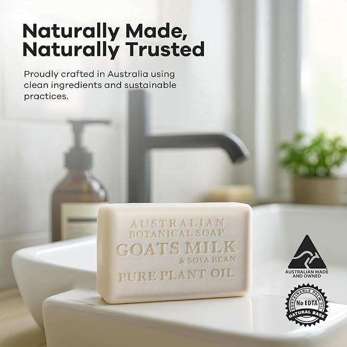 Australian Botanical Soap Goat Milk Soap Bar – Triple-Milled Body Cleanser with Shea Butter & Soya Bean Oil – Gentle Hydration for Sensitive Skin 6.8 oz – 1 Pack