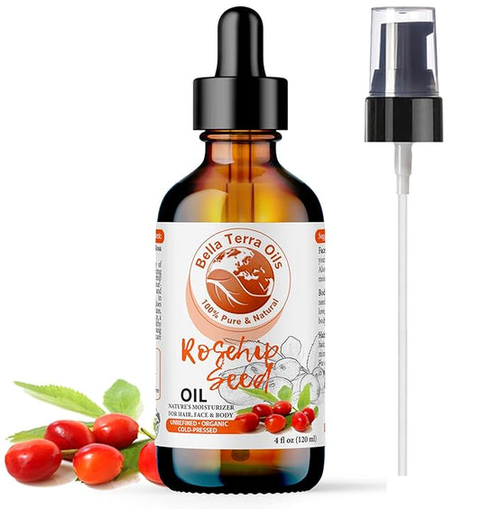 Bella Terra Oils Organic Rosehip Oil for Face, Pure Cold-Pressed Rose Hip Seed Oil for Skin & Hair, Natural Moisturizer & Anti-Aging Facial Oil