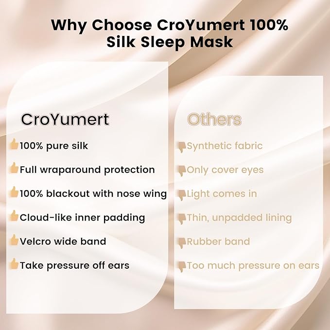CroYumert 100% Pure Mulberry Silk Eye Mask - 22 Momme Adjustable Strap, Light Blocking, Silk Storage Bag & Gift Box - for Sleep/Travel/Gift, Sensitive Skin Friendly (Champagne)