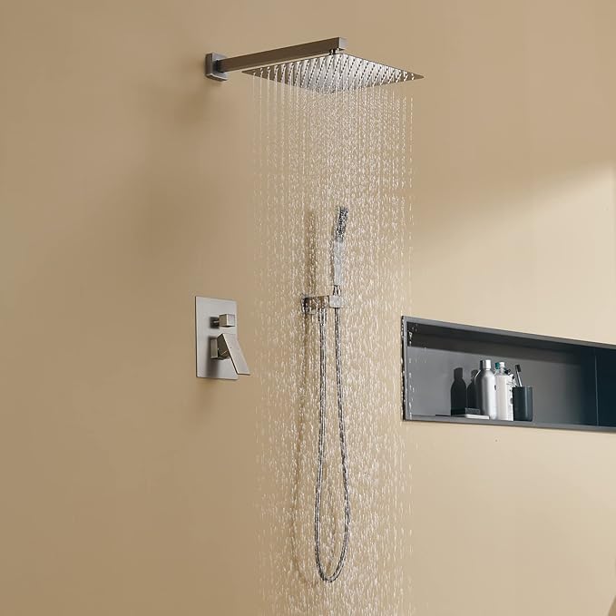 Artiqua Rain Shower System 12 Inches Shower Combo Set Brushed Nickel Wall Mount Faucet Bathroom Faucets with Rainfall Shower Head and Hand Shower