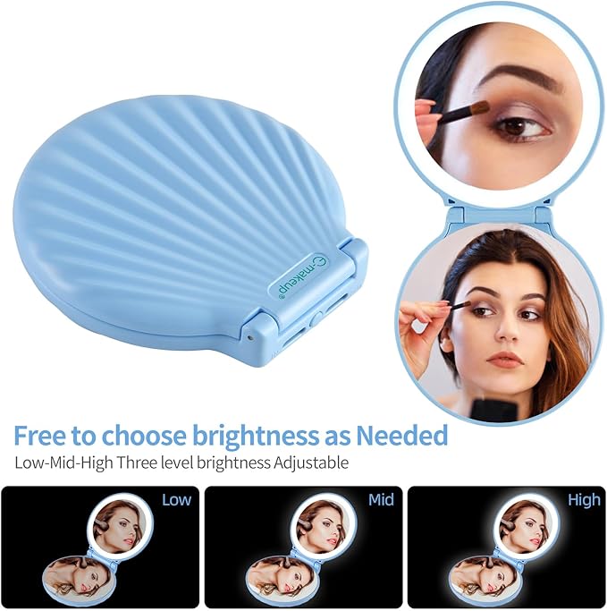 Compact Makeup Mirror, 10X /2X Magnification, Compact Travel Mirror with 3-Level Brightness, Shell Led Compact Mirror with Light, Small Gifts for Women & Men, Portable, Handheld