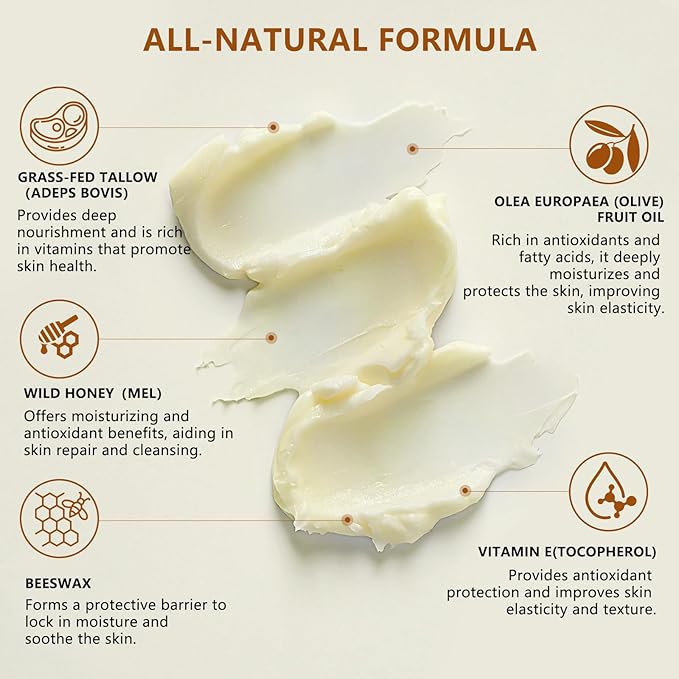 Beef Tallow for Skin, Grass-Fed Beef Tallow Balm, Beef Tallow Cream, Face & Body Moisturizer Restores Skin Barrier, Soothes Dry Sensitive Skin, Beef Tallow Honey Balm Whipped with Beeswax & Olive Oil