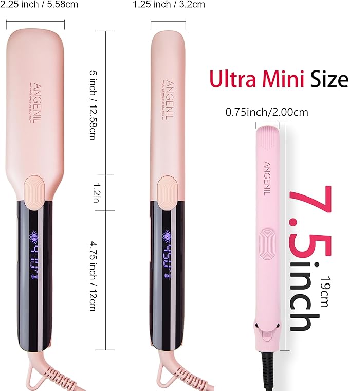 ANGENIL Pro Ultra Mini Flat Iron for Short Edges, Travel Hair Straightener and Curler 2 in 1, Small Dual Voltage Hair Straightening Ceramic Flat Iron 0.7-inch, Front Bangs, 3 Temp (280℉- 320℉ -380℉)