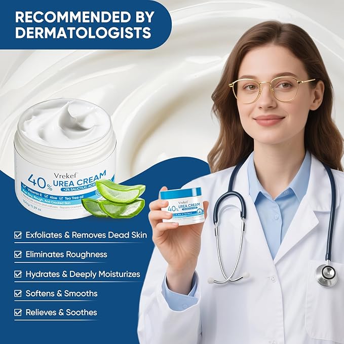 Urea Cream 40% Plus Salicylic Acid 2%, Urea Cream 40 Percent for Feet Maximum Strength, Foot Cream for Dry Heels Cracked