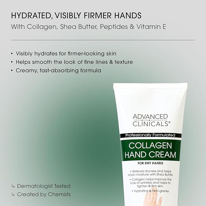 Advanced Clinicals Collagen Hand & Body Cream Skin Care Moisturizer Lotion For Dry Cracked Skin. Soothing & Hydrating Plant Collagen Lotion W/Aloe Vera, Green Tea, & Shea Butter, Large 8 Fl Oz