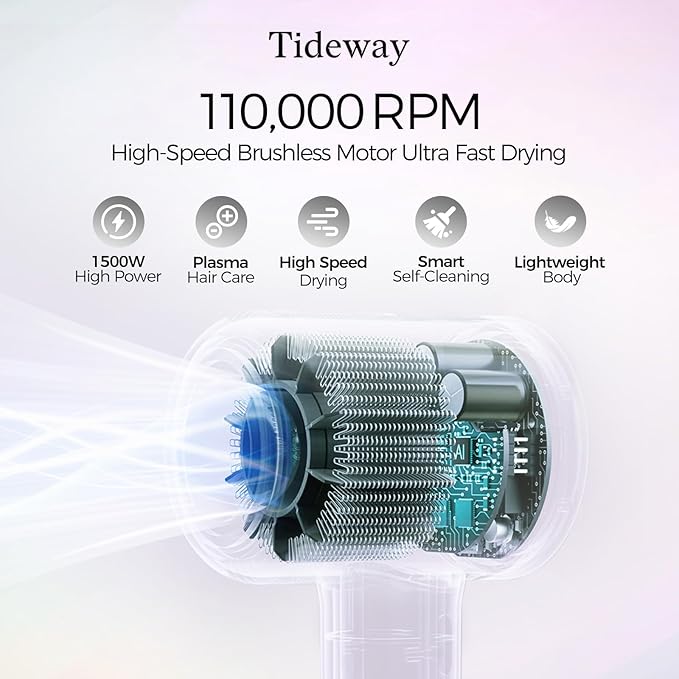 Tideway Hair Dryer Professional High-Speed Ionic Blow Dryer 110,000 RPM, Compact Hair Dryer with Magnetic Diffuser, Fast Drying with Brushless Motor Low Noise Smart Temperature Control-H11